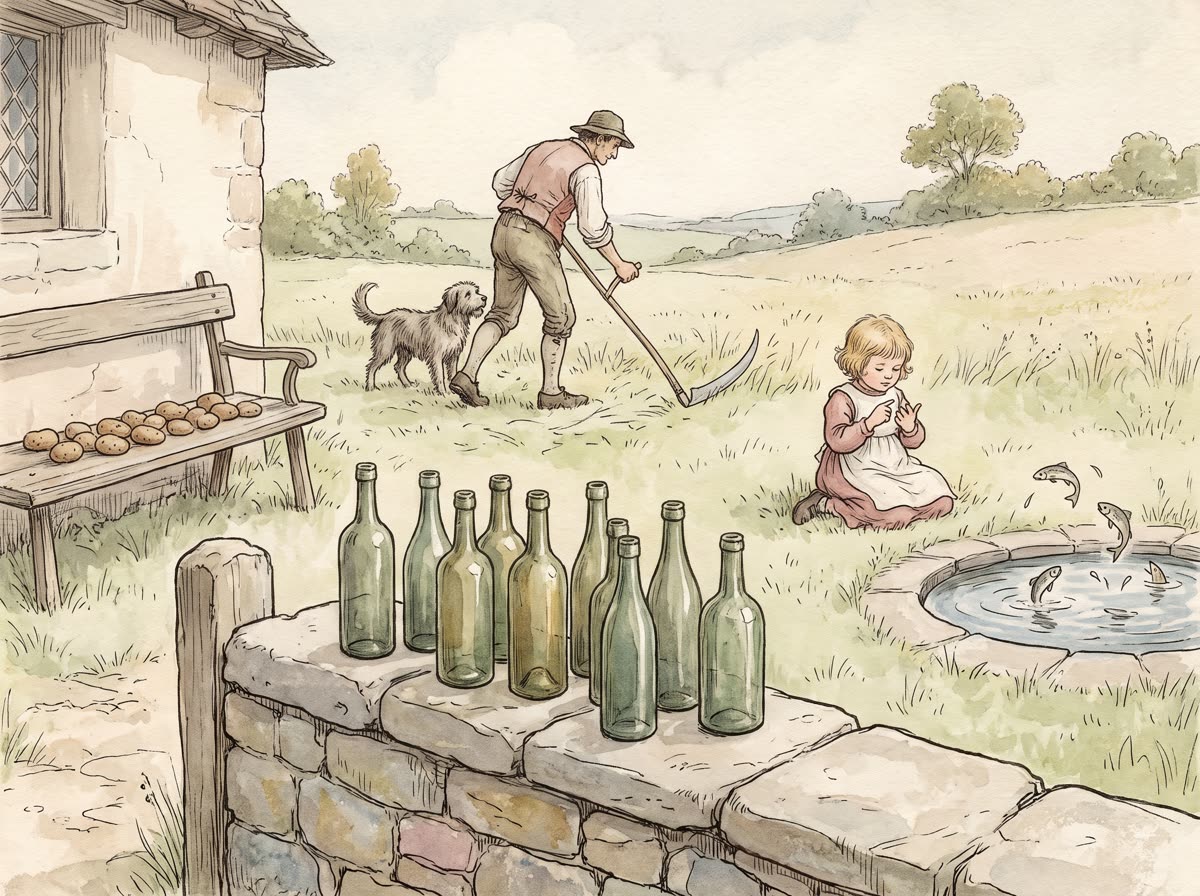 A countable cottage garden scene with ten green bottles