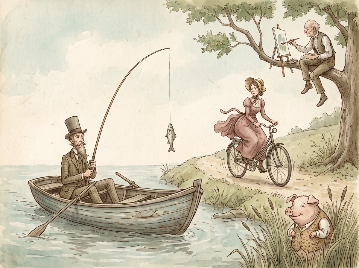 A whimsical limerick scene by a river