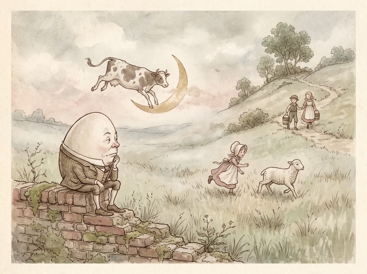 Nursery rhyme characters in a storybook landscape