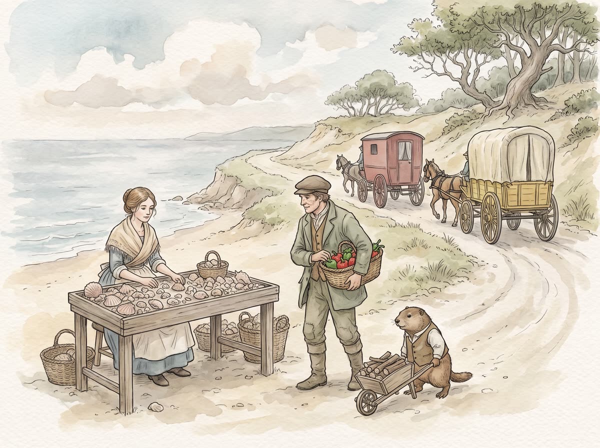 Seaside scene of tongue twister characters