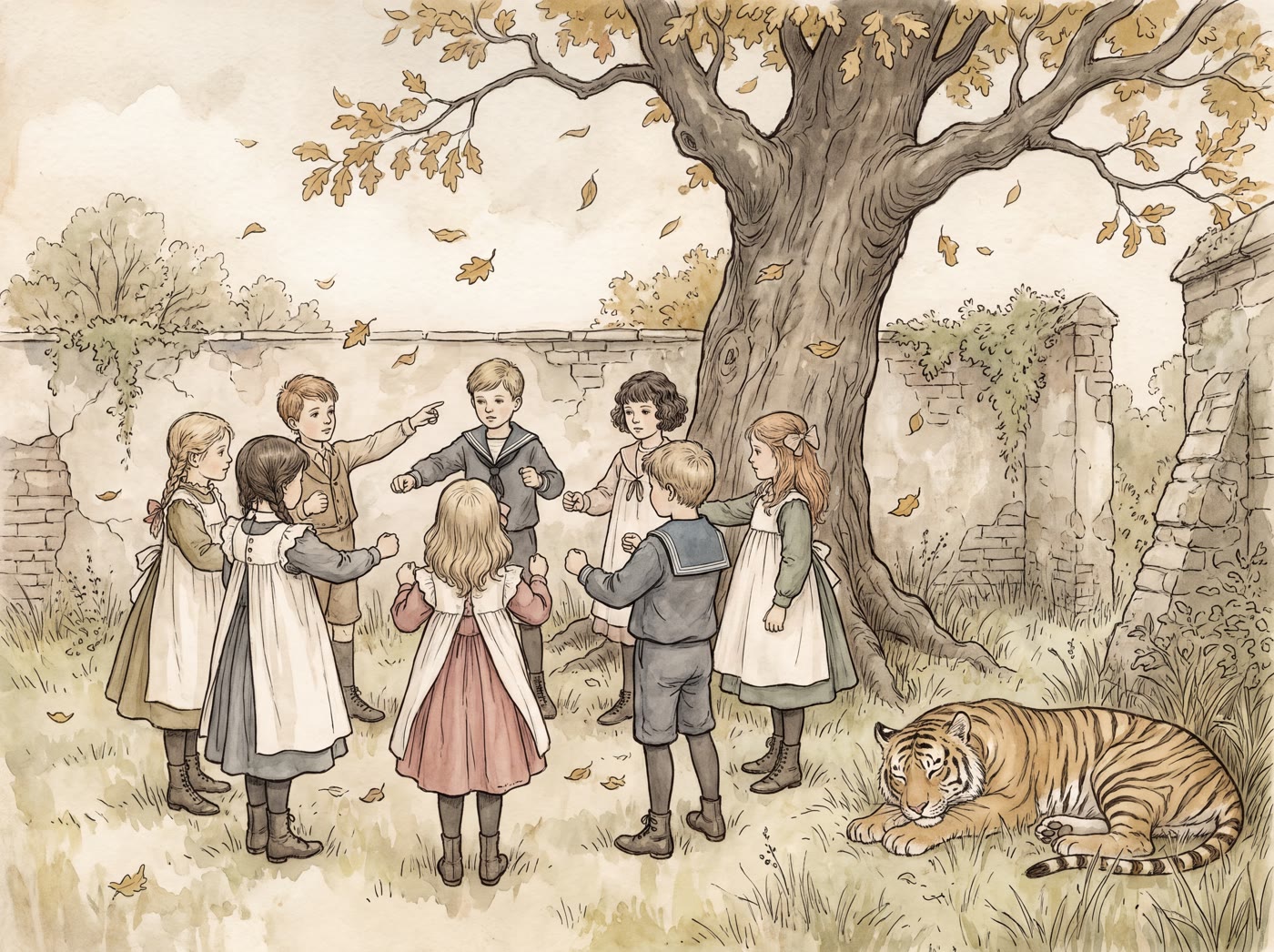 A ring of children in old-fashioned pinafores and sailor collars holding out their fists in a walled garden as one boy points to count them, while a tiger dozes in the long grass nearby