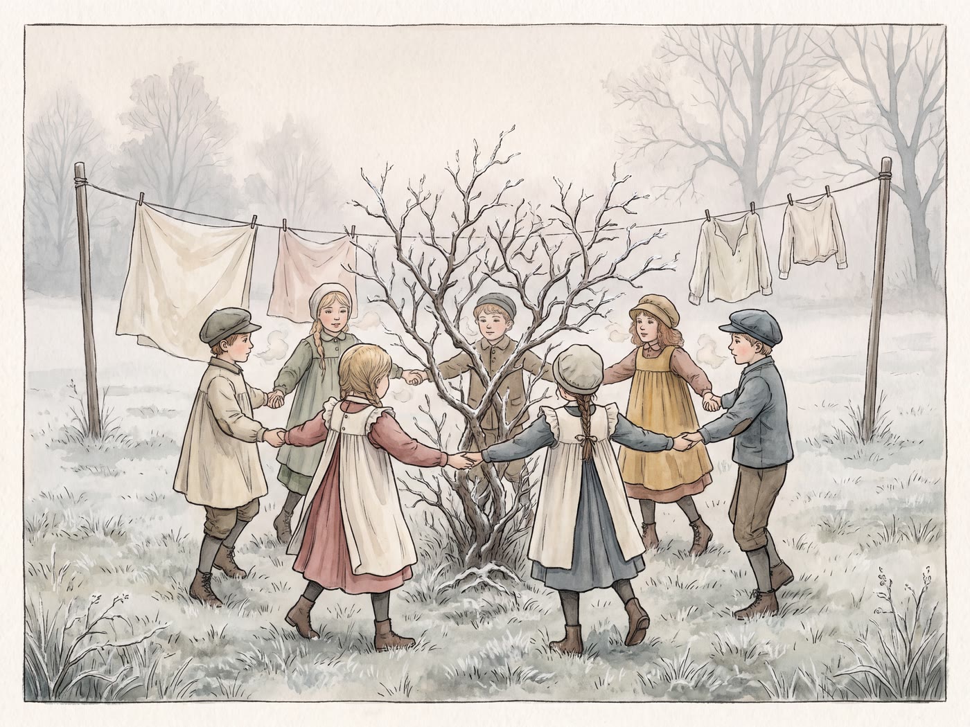 Storybook illustration for Here We Go Round the Mulberry Bush