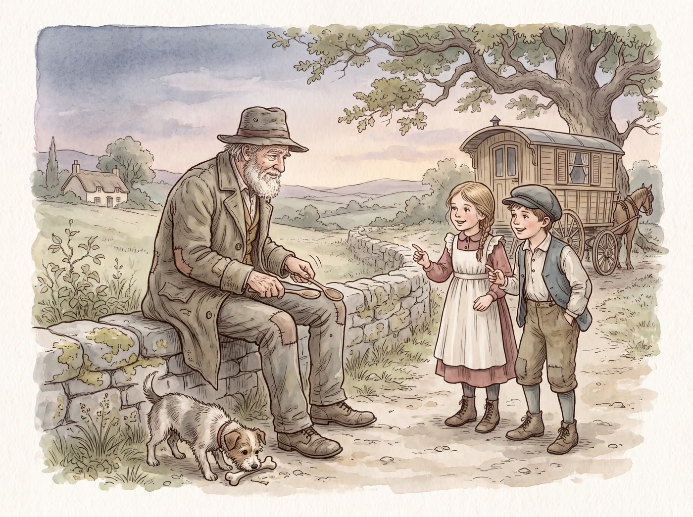 An old travelling man tapping out a rhythm with wooden spoons on a mossy wall while two children count on their fingers and a small dog gnaws a bone