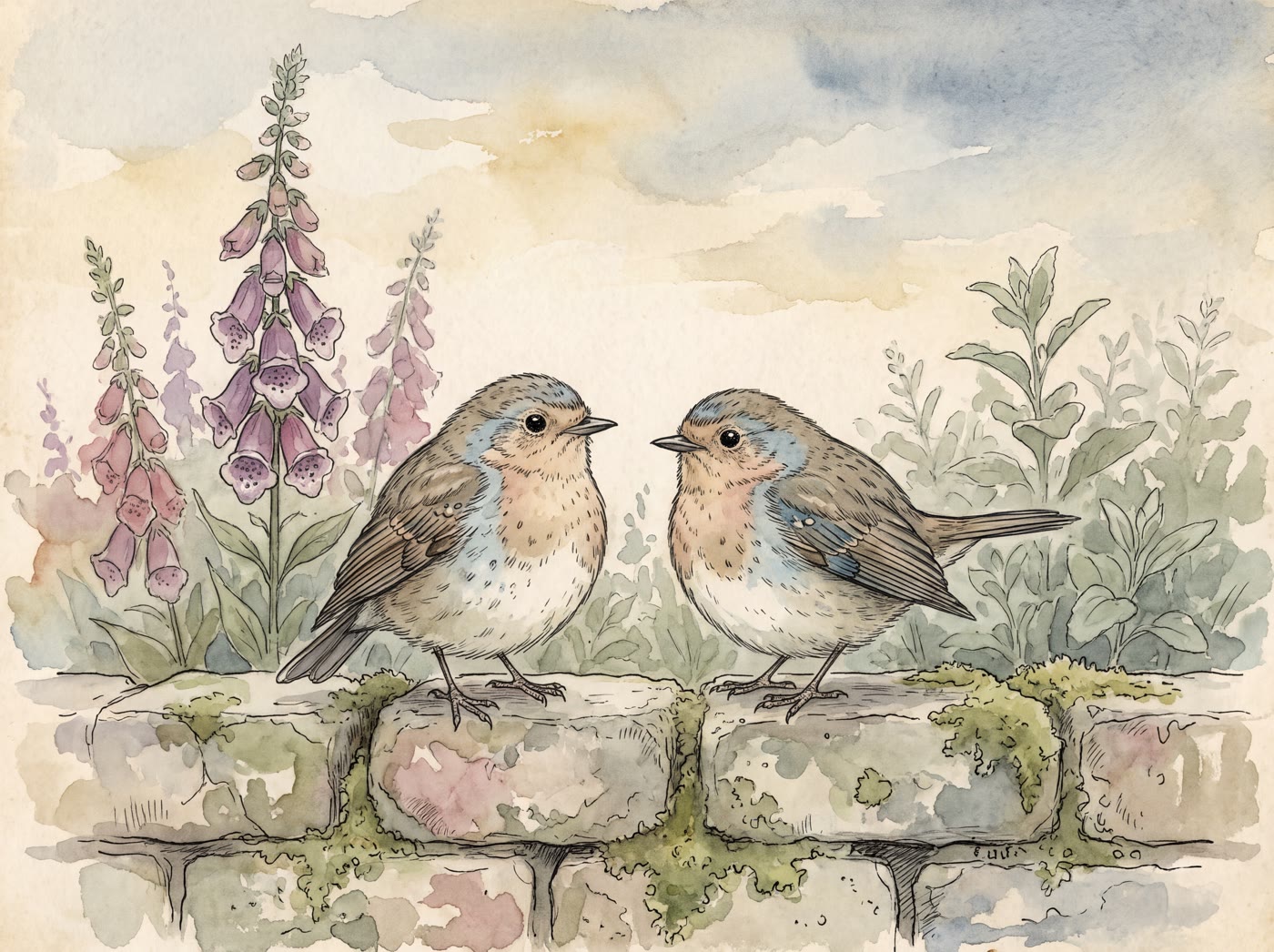 Two small round birds perched side by side on a mossy stone wall, with foxgloves and a soft green garden behind them