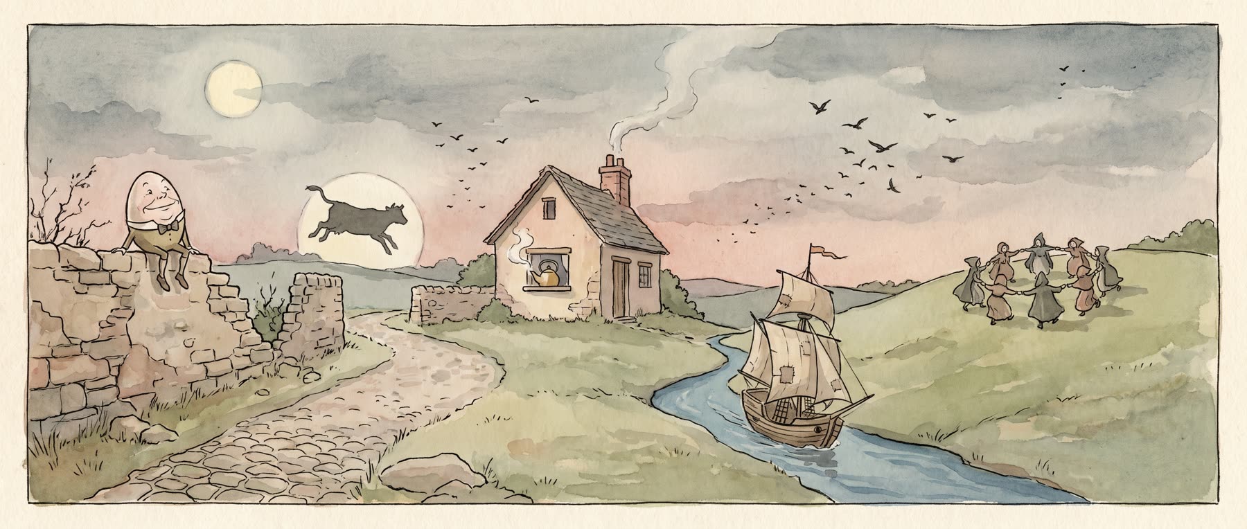 A storybook landscape of nursery rhyme characters at dusk