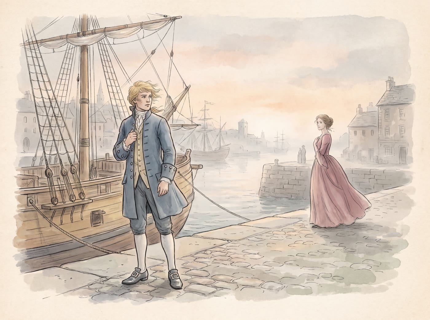 A fair-haired young man in a blue coat and silver-buckled shoes stands beside a moored sailing ship on a misty quayside while a woman in a rose-pink gown watches from the harbour wall
