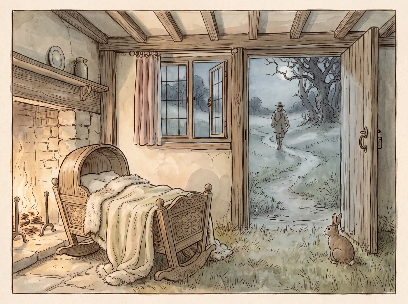 A carved wooden cradle heaped with a fur-trimmed blanket beside a cottage fire, while through the open door a man walks along a misty moonlit path and a rabbit sits in the grass at the threshold