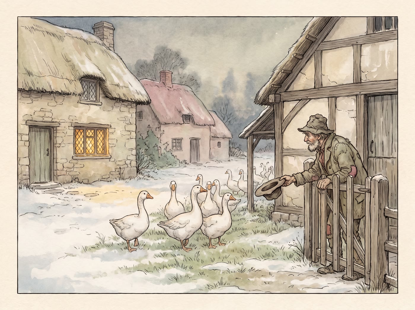 An old man in a patched coat leans over a garden gate, holding out his hat toward a flock of white geese in a snowy village lane