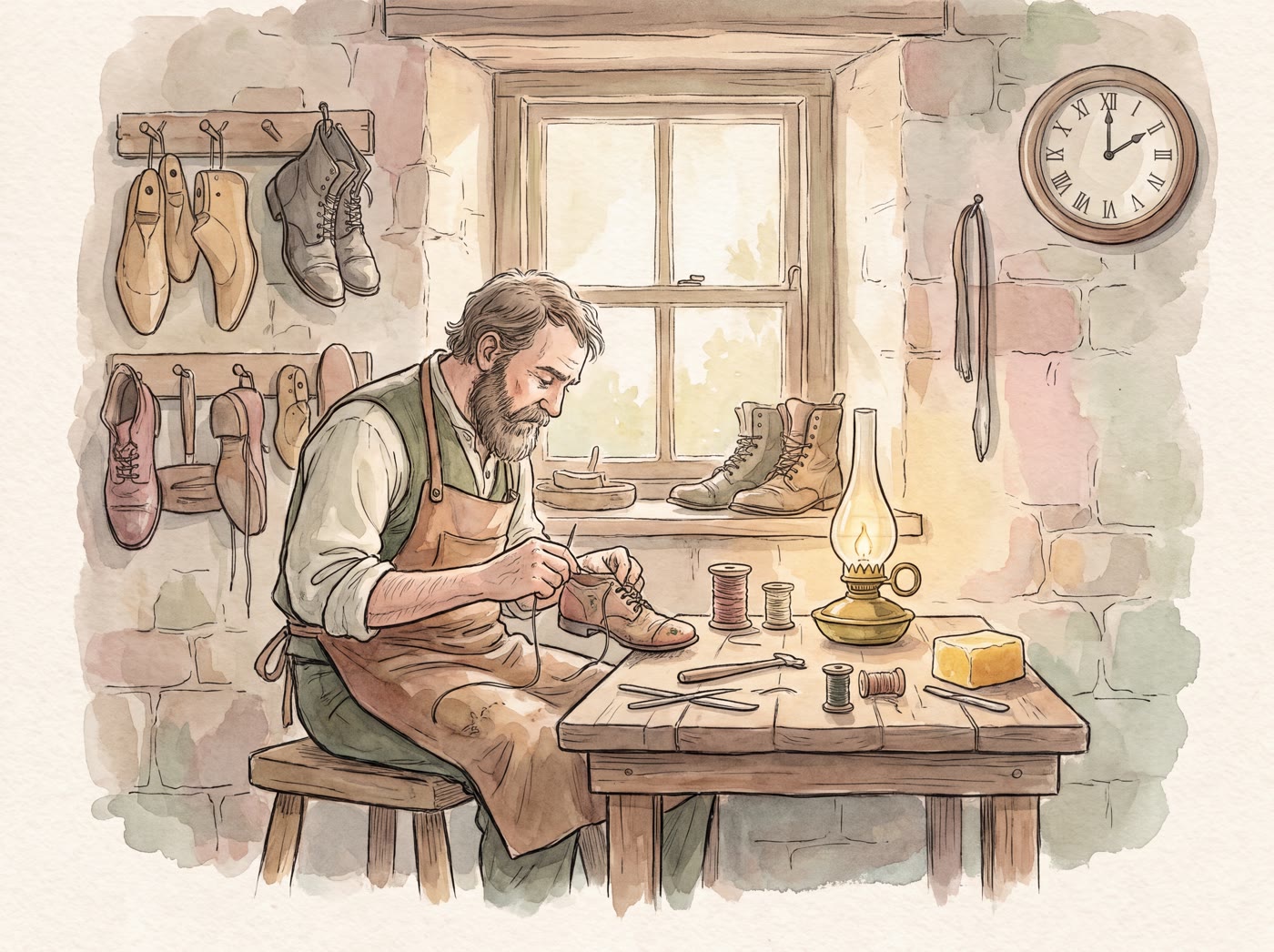 A bearded cobbler in a leather apron sits at his bench by lamplight, stitching a small shoe, with lasts, boots and a wall clock behind him
