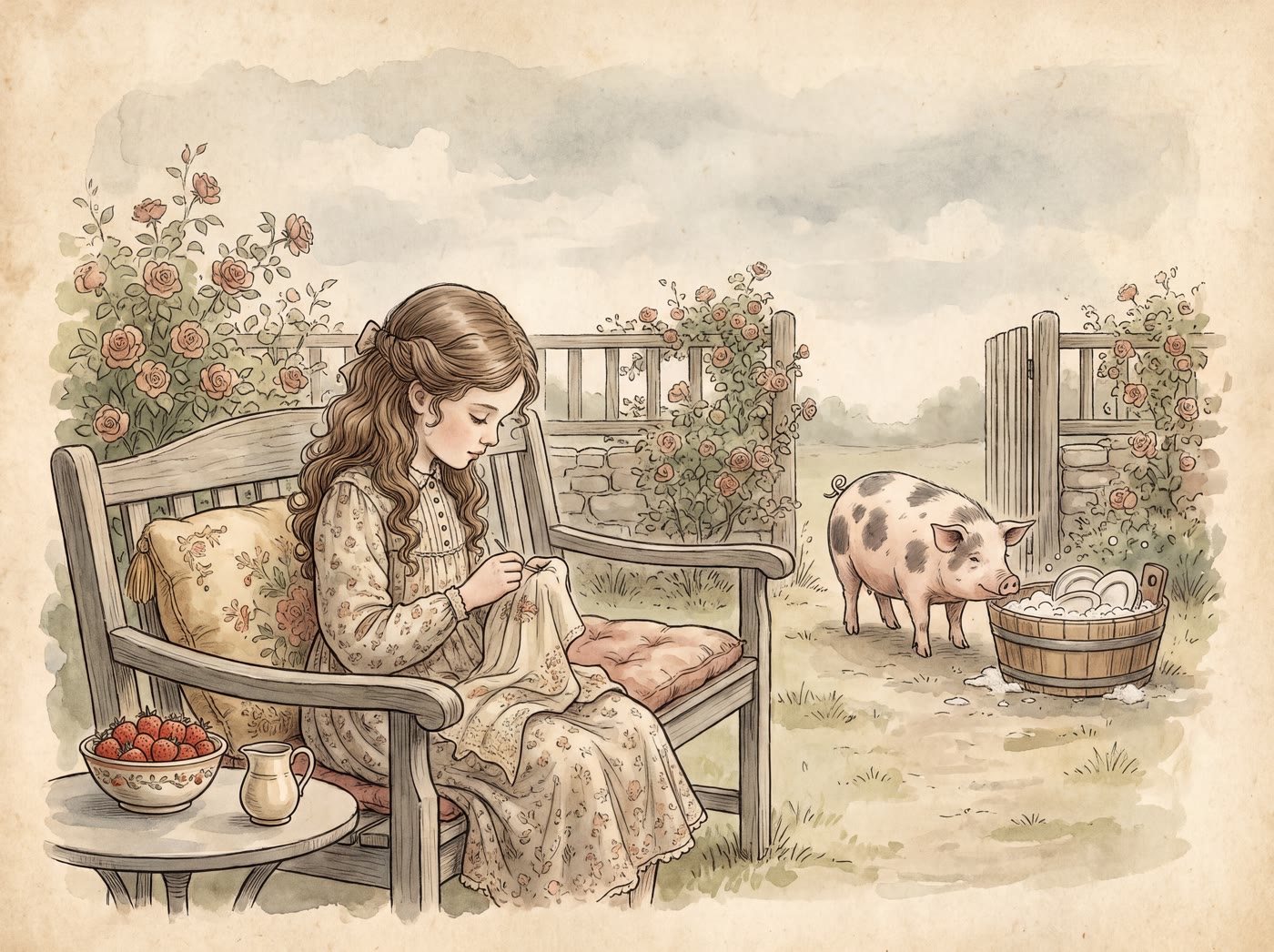 A girl with long curls sewing on a cushioned garden bench, a bowl of strawberries and a jug of cream beside her, while a pig noses a tub of dishes in the yard beyond
