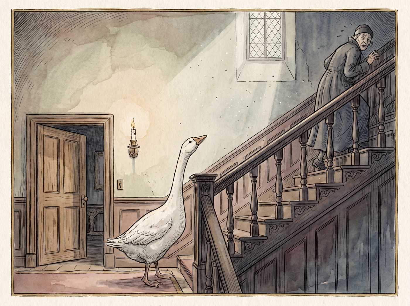 A white goose wandering up the dim wooden staircase of an old manor house as an old man watches from the landing