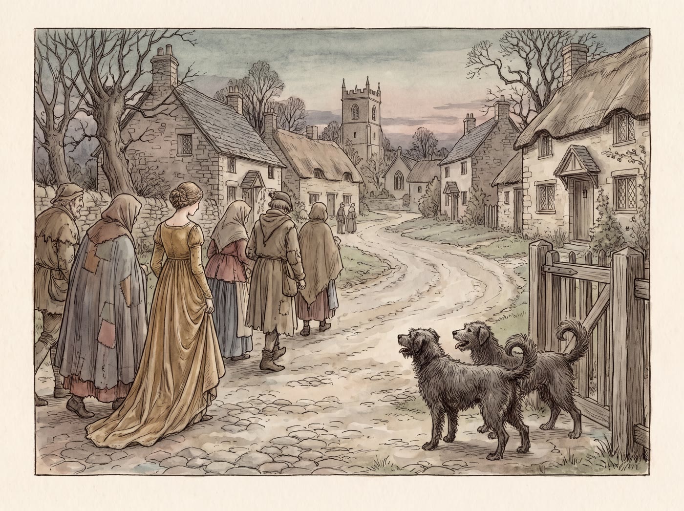 Two village dogs bark at a garden gate as a procession of ragged wanderers, one in a faded golden gown, walks down a lane toward the cottages and church tower