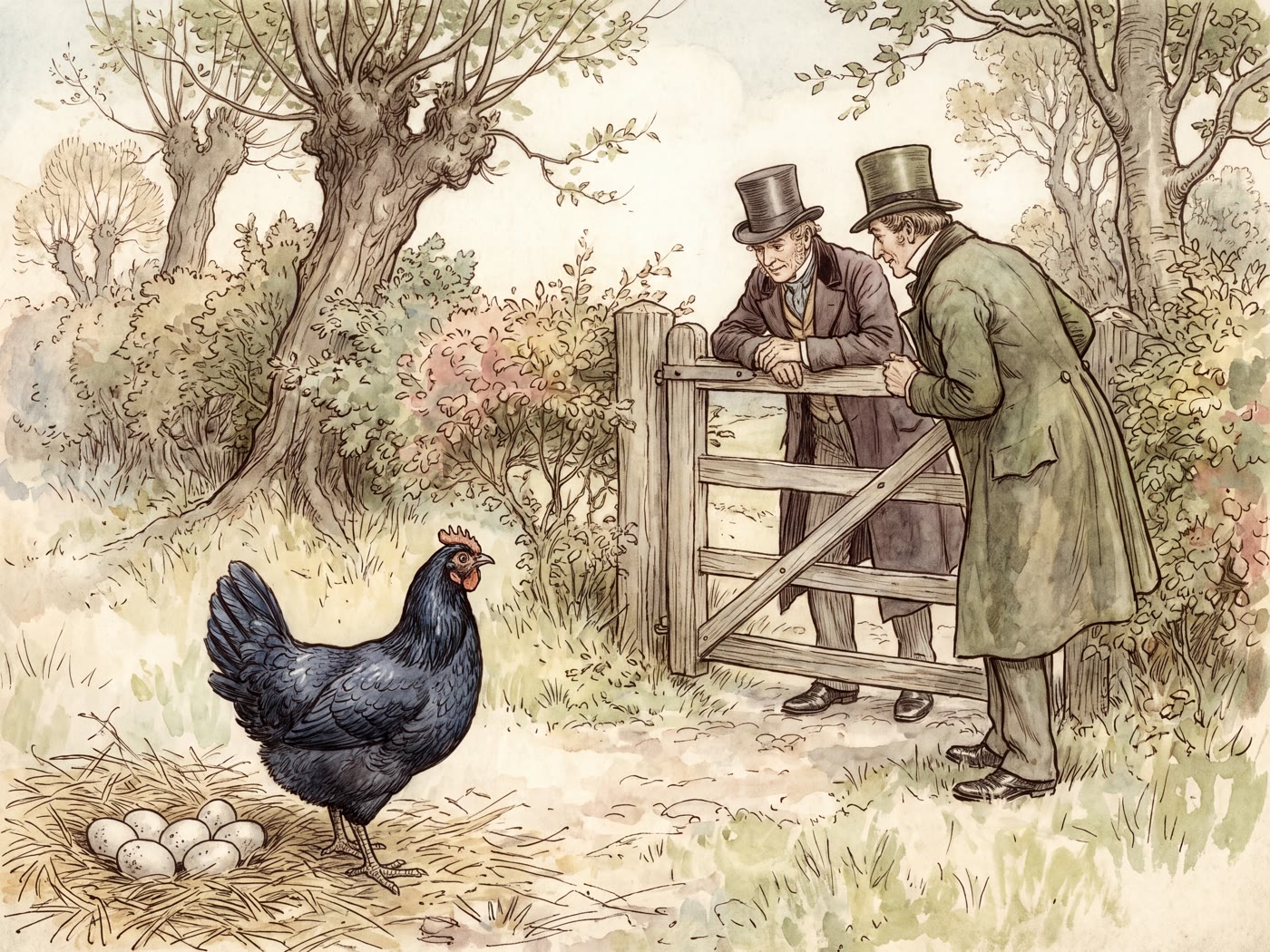 A glossy black hen standing beside a straw nest of eggs on a grassy country lane, while two gentlemen in top hats lean over a wooden gate to look