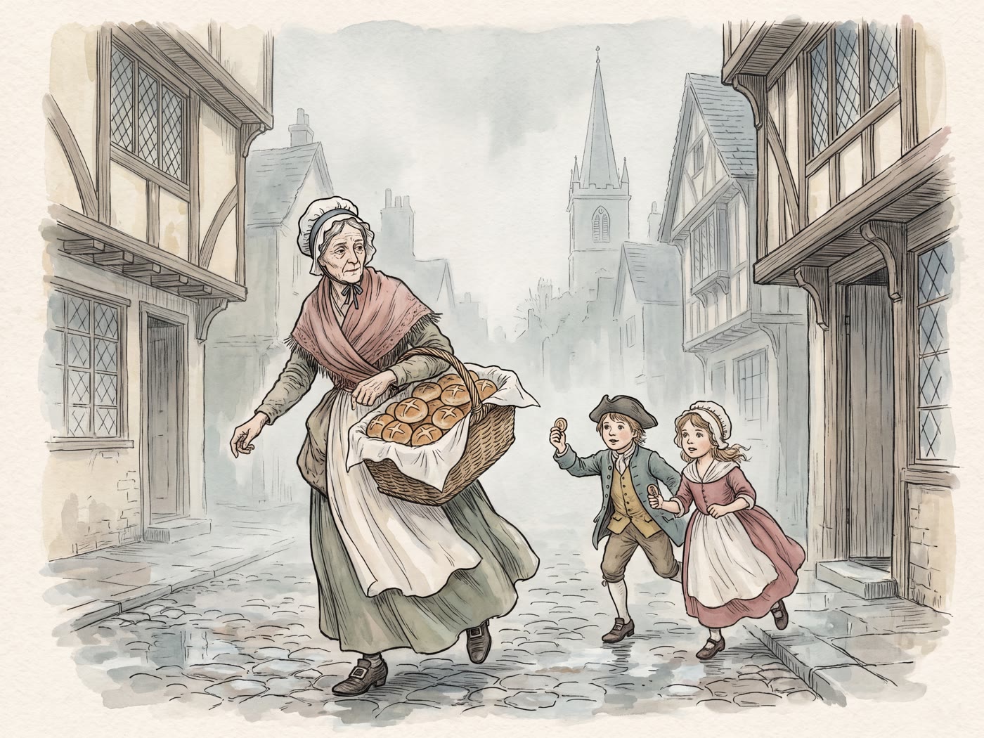 An old woman in a bonnet and rose shawl hurries down a misty cobbled street with a basket of cross-marked buns, as a boy and girl run after her holding out pennies