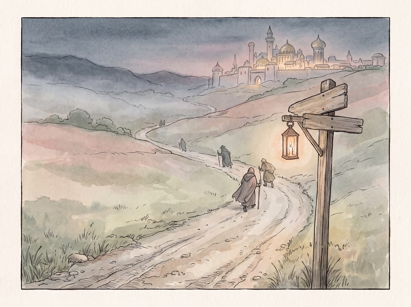 A winding country road at dusk, with travellers hurrying past a lantern-lit signpost towards a glowing walled city on the hills