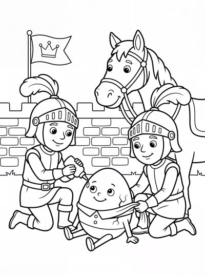 Coloring page: the king's men mending Humpty with glue and bandages