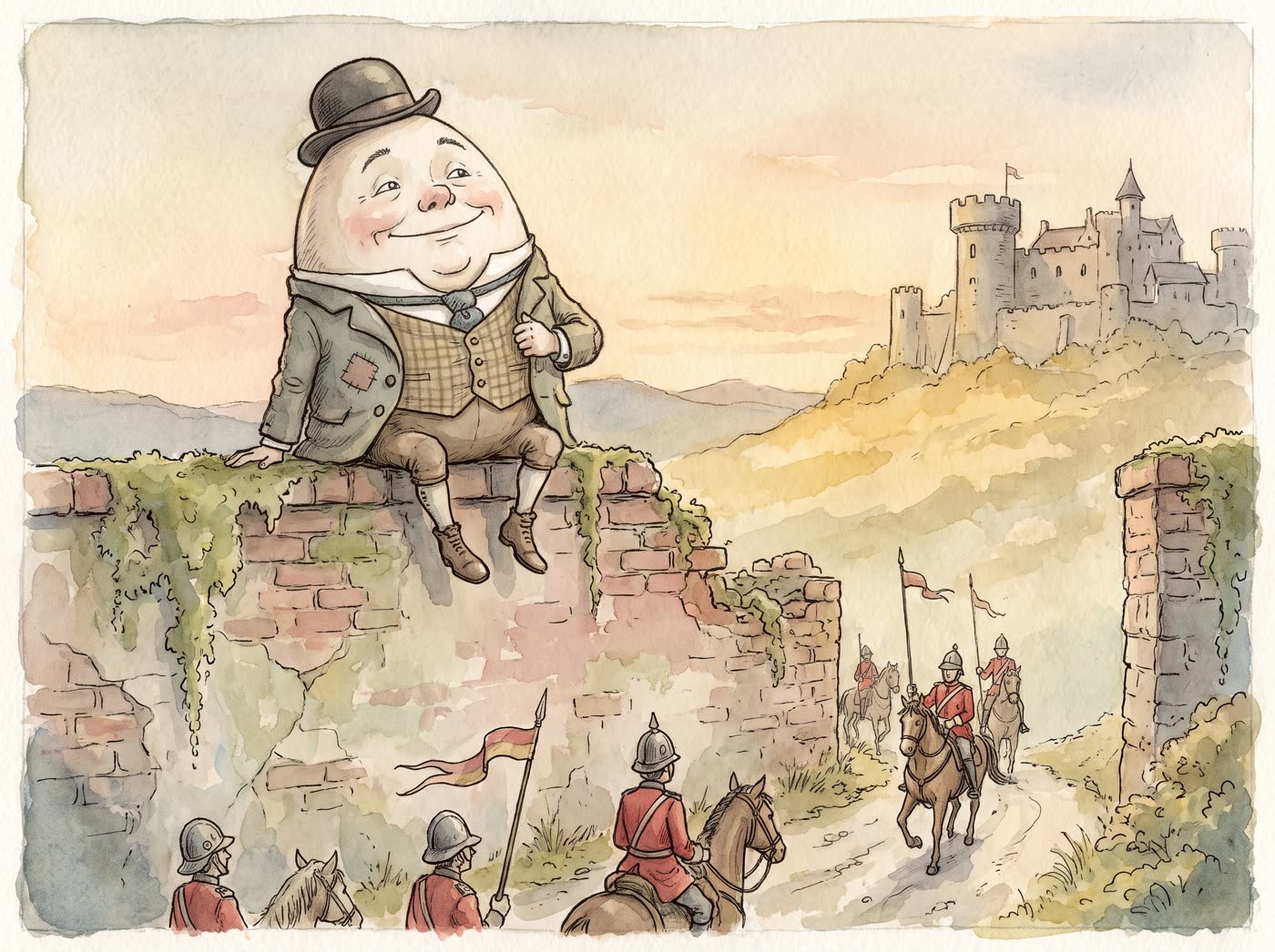 Humpty Dumpty sitting on a high mossy wall as the king's men ride toward him