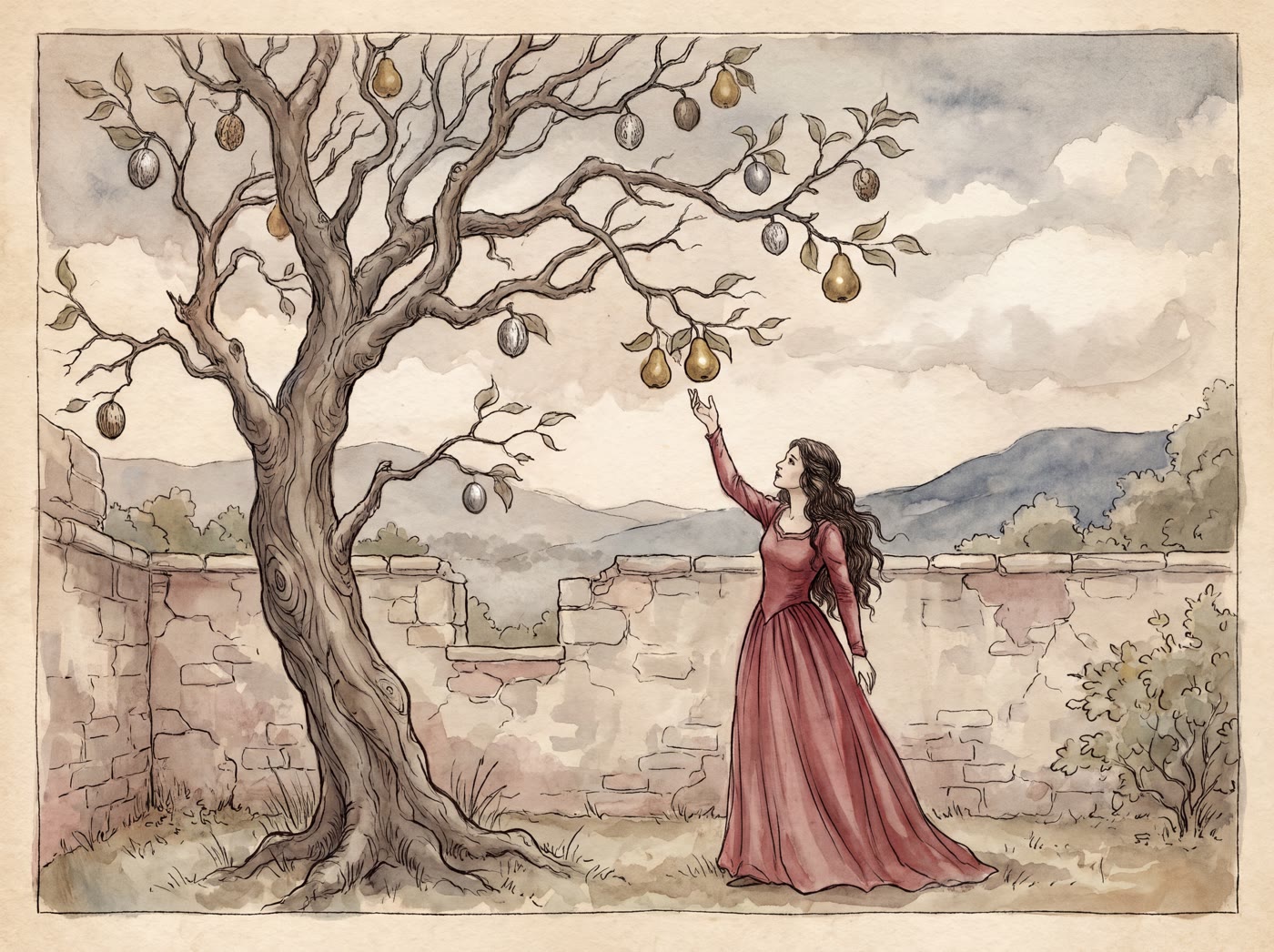 A gnarled little tree hung with silver nutmegs and golden pears, and a young woman in a crimson gown reaching up towards the fruit in a walled garden
