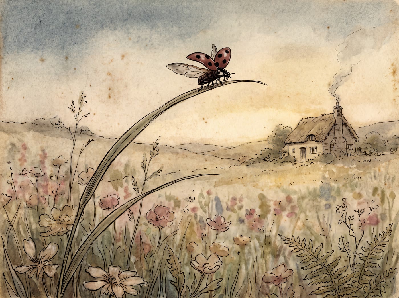 A spotted ladybird opening its wings on a blade of grass in a summer meadow, a thatched cottage on the hill beyond