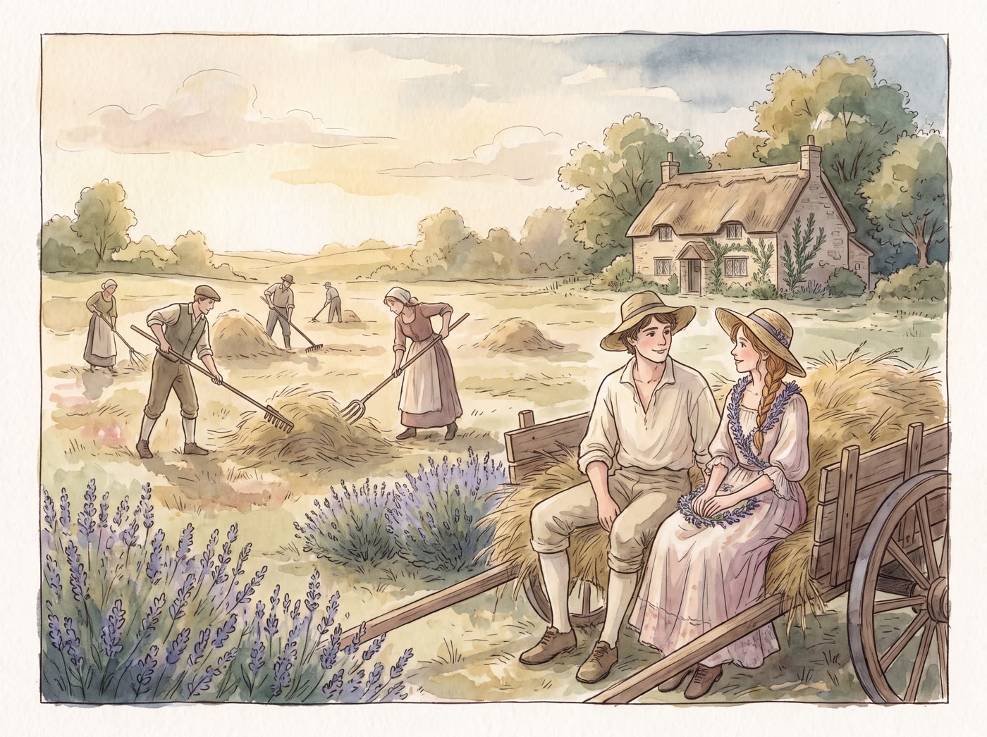 A young countryman and countrywoman in straw hats sitting side by side on a hay cart beside blooming lavender bushes, while farm workers with rakes and pitchforks turn hay in a sunlit field and a thatched cottage stands among rosemary in the background