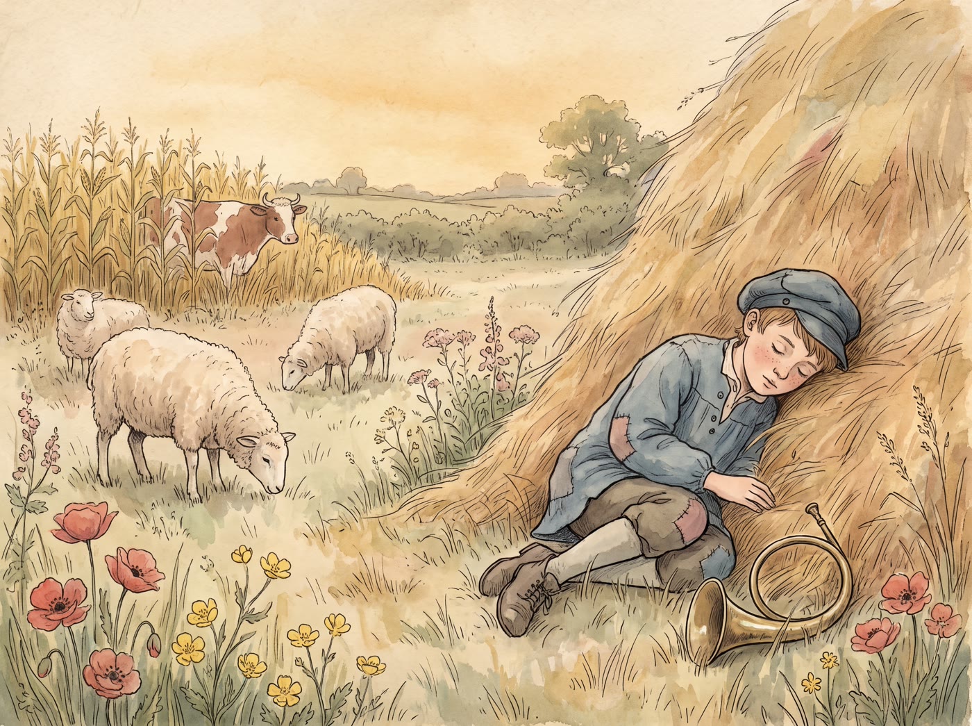 Storybook illustration for Little Boy Blue