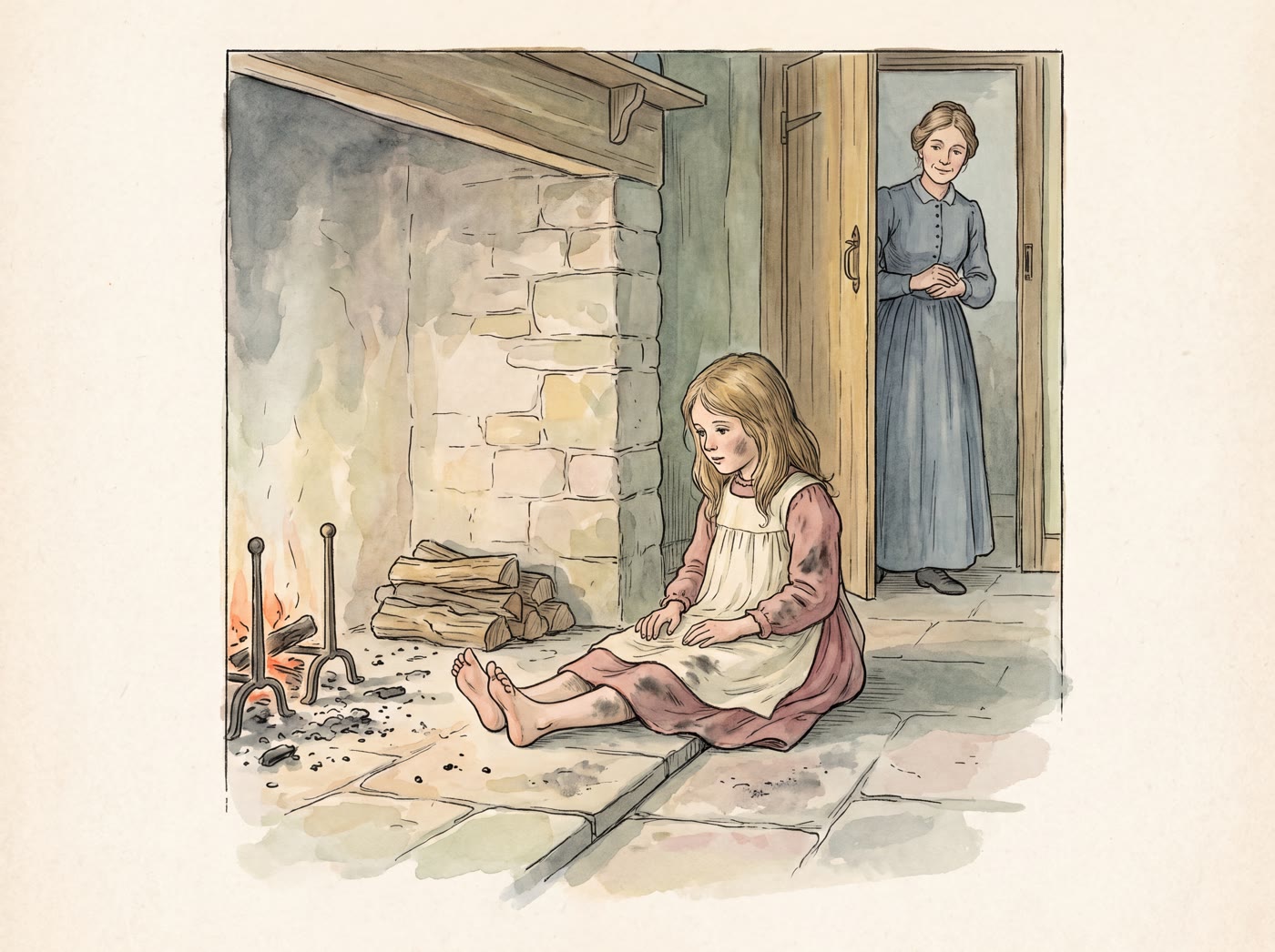 A girl in a cream pinafore sits barefoot on a stone hearth beside a log fire, ash on her rose-pink frock, while her mother watches from the doorway
