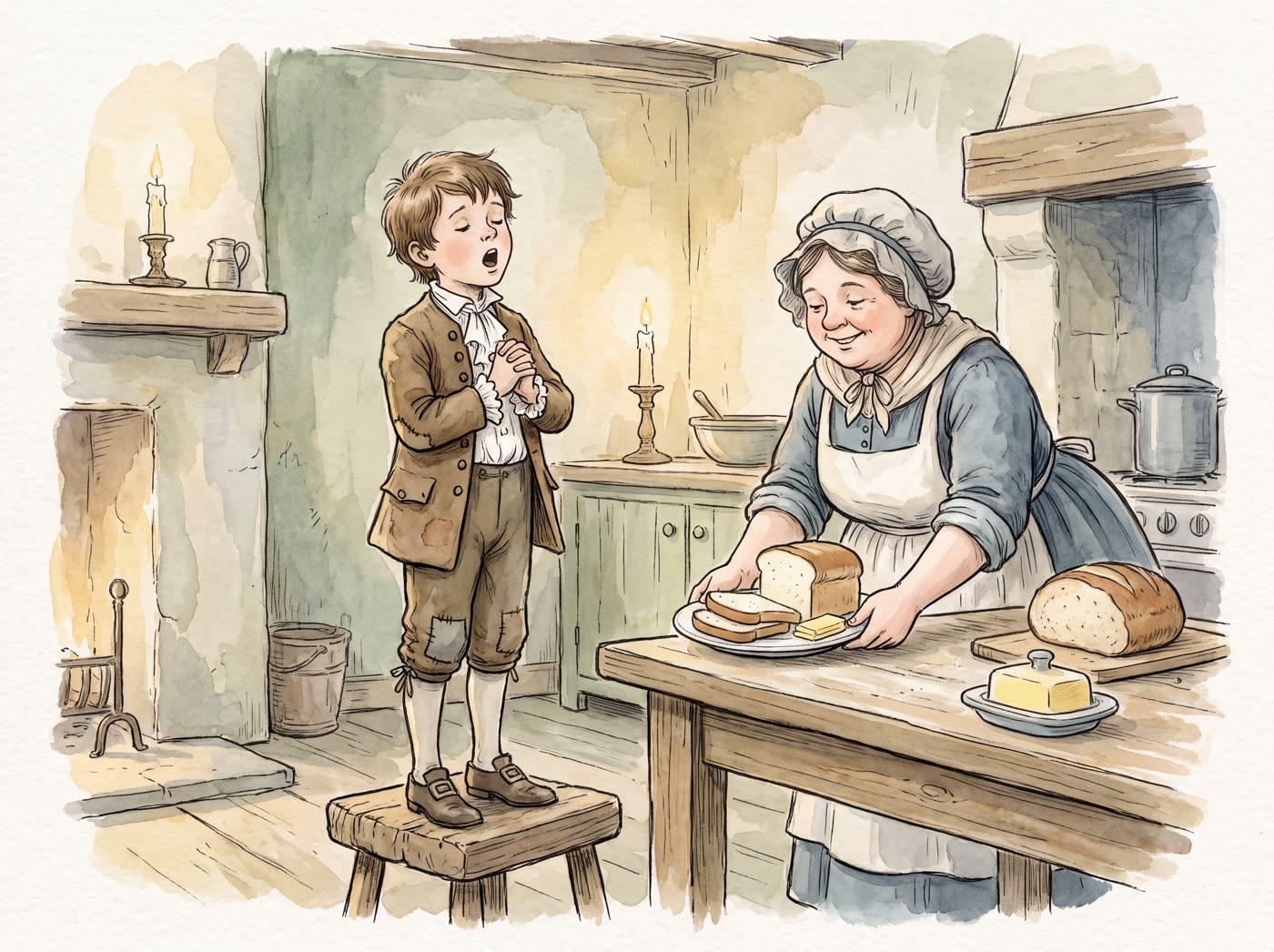 A small boy in a patched coat stands on a stool singing in a candlelit kitchen while a cook sets down a plate of white bread and butter