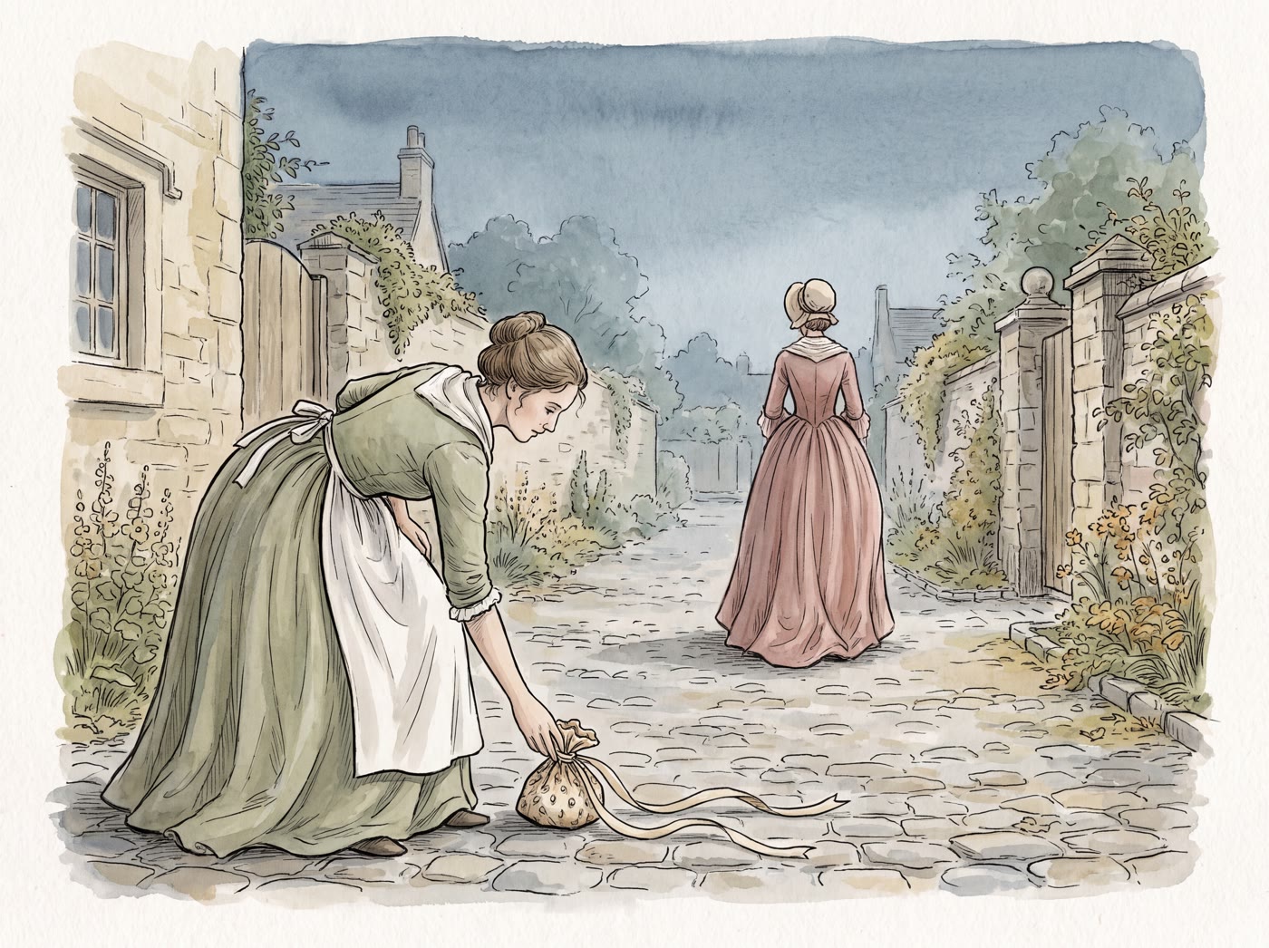 A young woman in a green gown and apron stoops on a cobbled lane to pick up a small pouch trailing a cream ribbon, while another woman in a rose-pink gown walks away down the lane