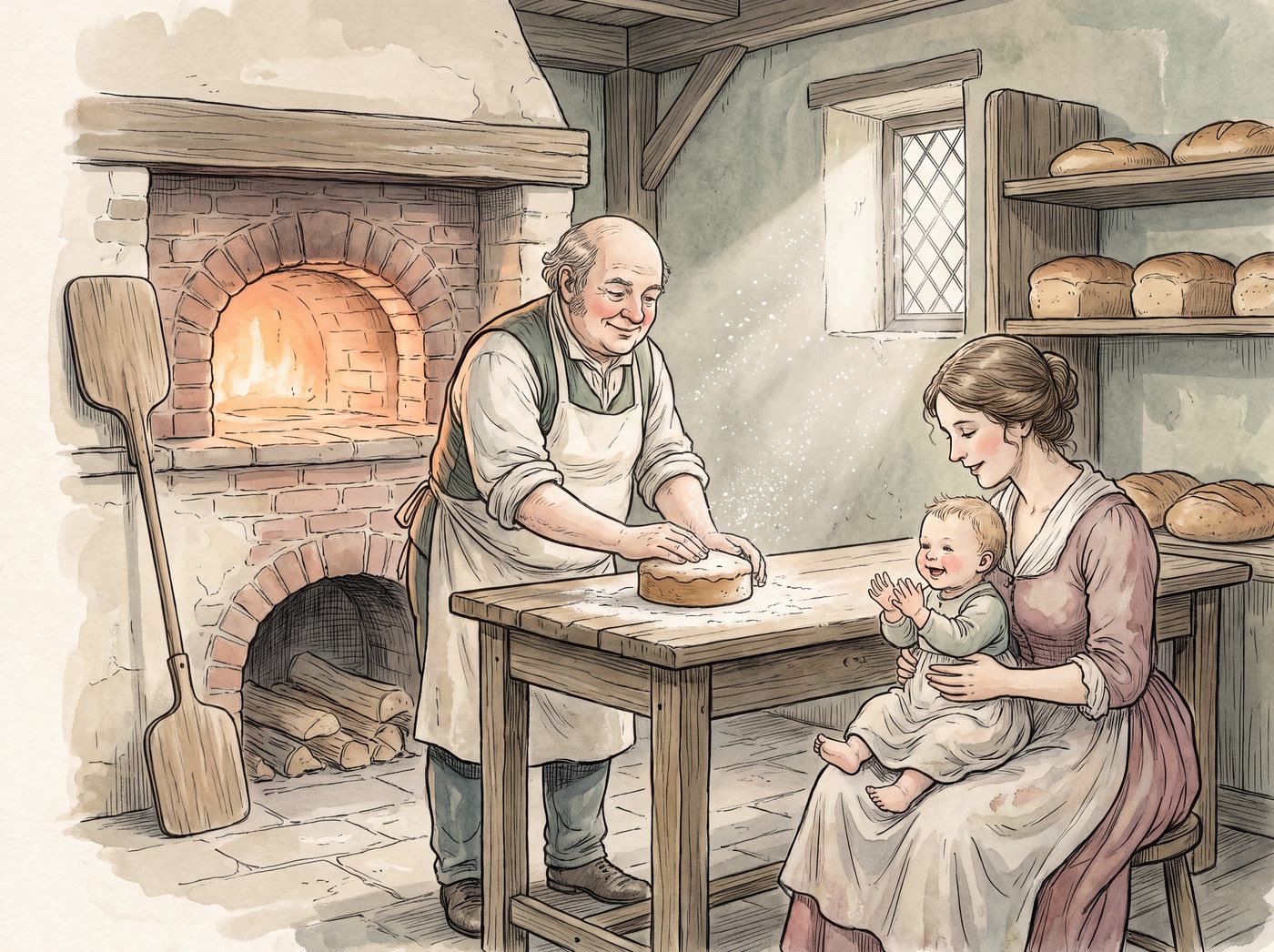 A smiling baker patting a round cake on a floury table beside a glowing brick oven, while a mother holds a clapping baby on her lap