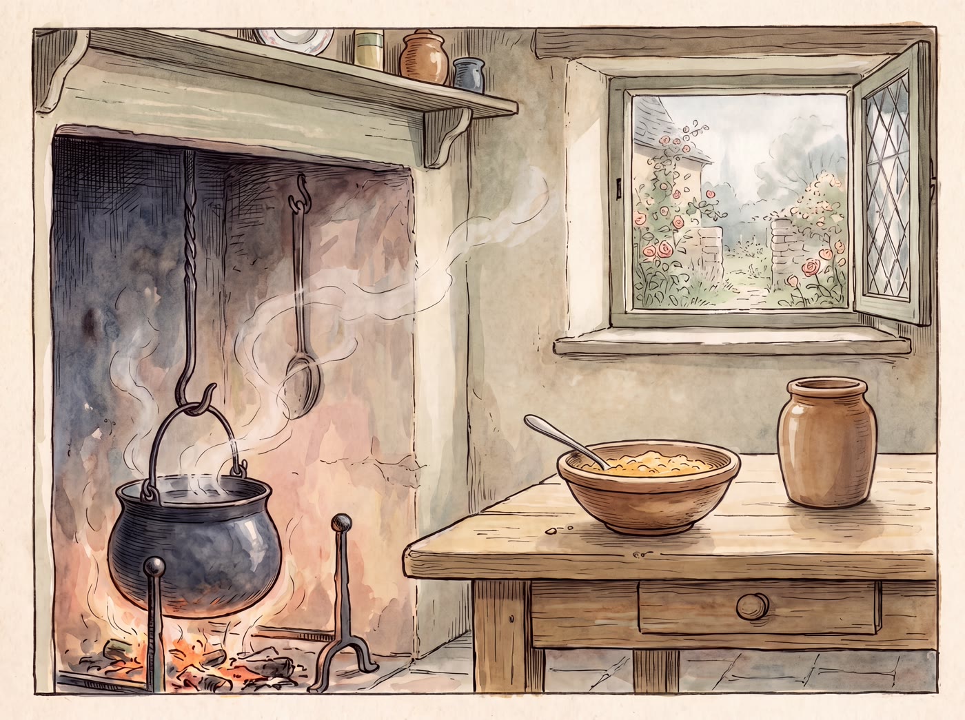 An iron pot steaming over a farmhouse kitchen fire, with a bowl of thick golden porridge and a plain jar on a scrubbed wooden table beside a rose-framed window