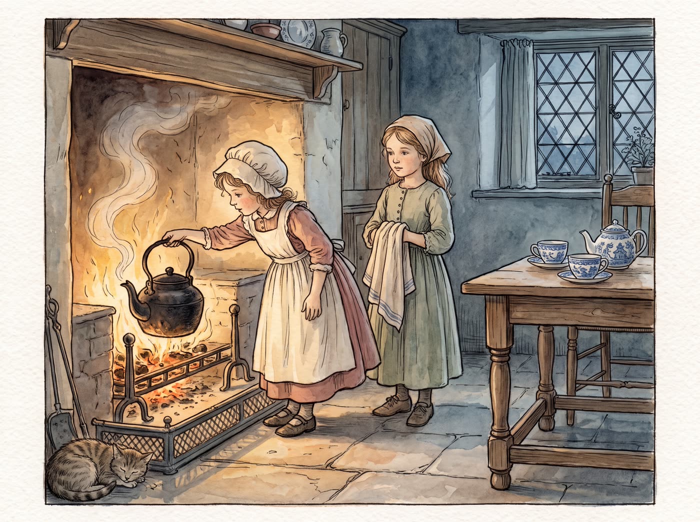 Storybook illustration for Polly Put The Kettle On