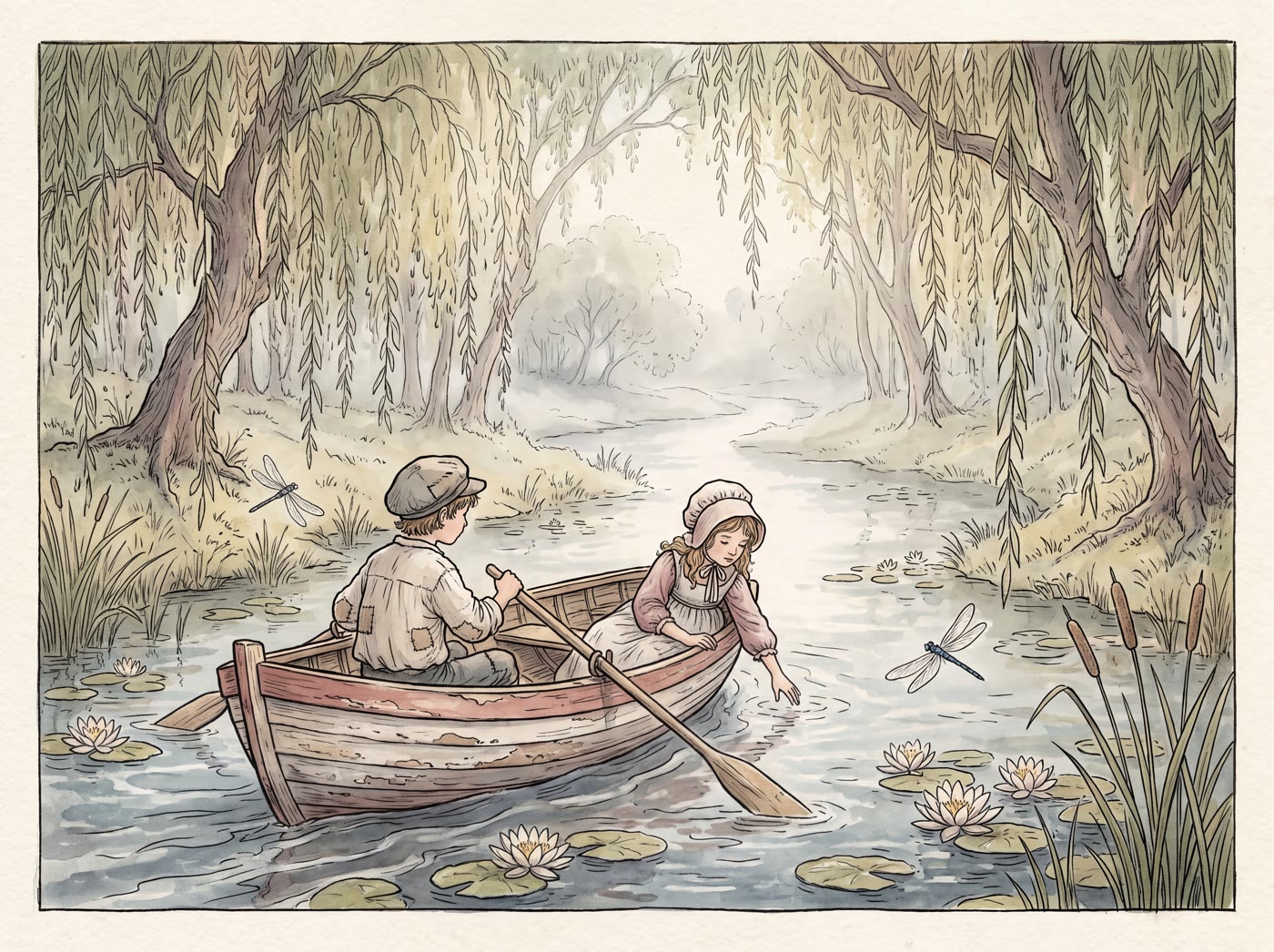 Storybook illustration for Row, Row, Row Your Boat