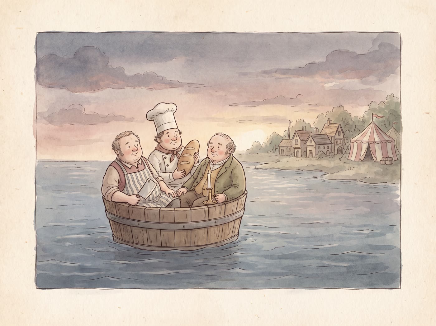 A butcher, a baker and a candlestick-maker sitting together in a wooden tub afloat on a calm evening sea, with a village and a striped tent on the shore