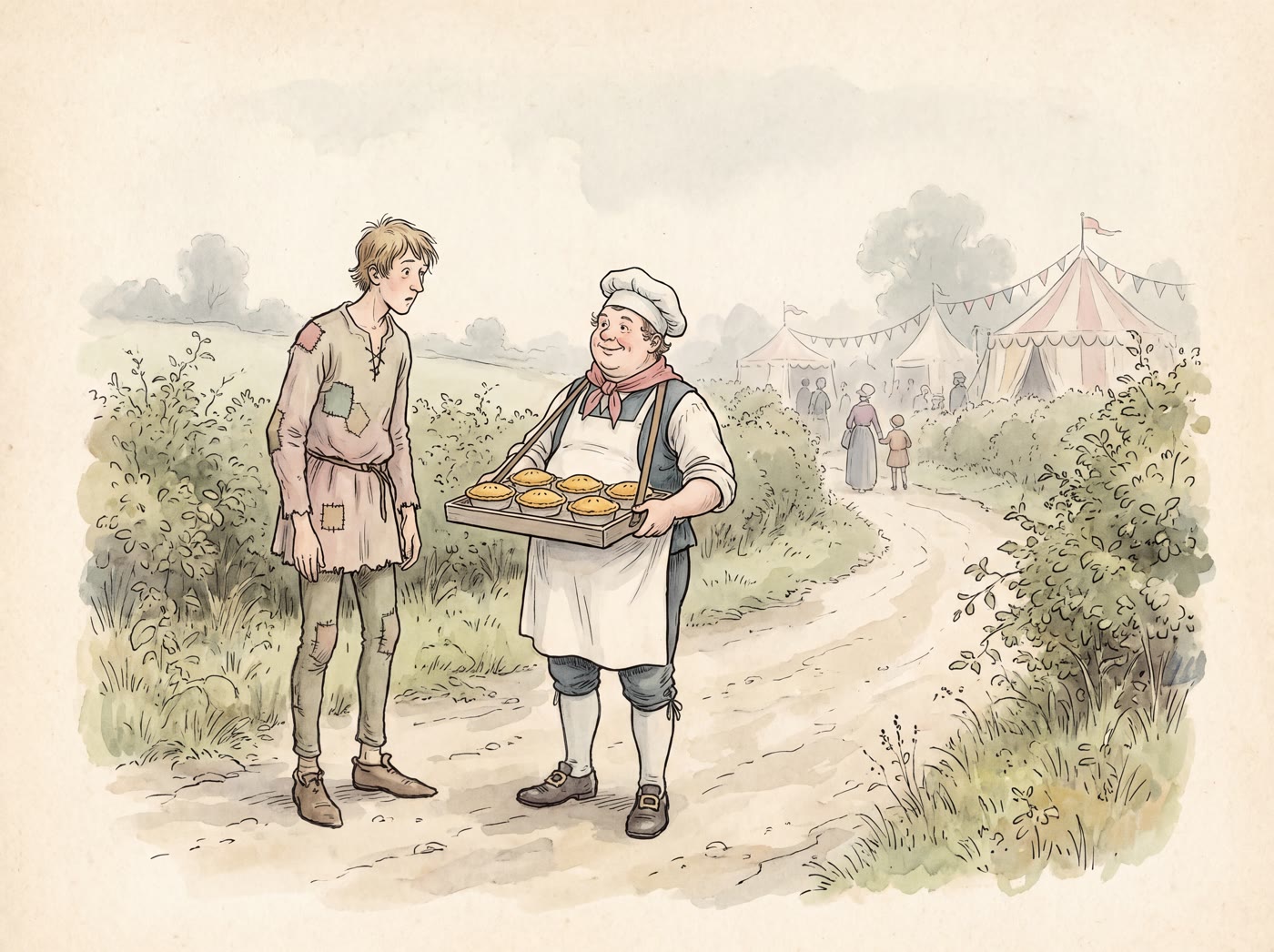A gangly young man in a patched tunic eyes the tray of pies carried by a smiling pieman on a country lane, with fair tents and bunting in the distance