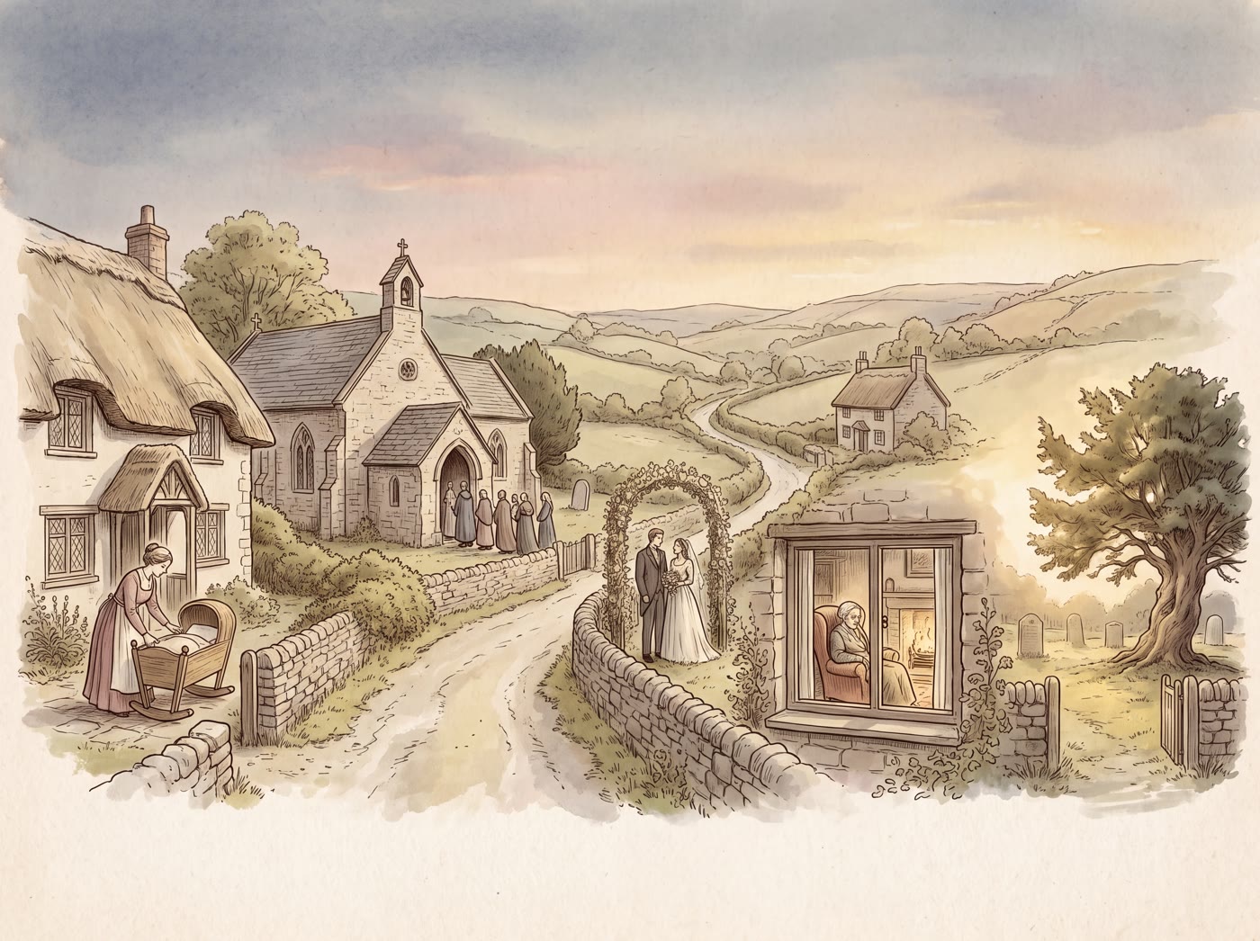 A winding village lane at golden evening: a mother rocking a cradle at a thatched cottage door, a christening party at a small stone church, a bride and groom beneath a rose arch, an old man by the fire behind a lit window, and a quiet churchyard under a yew tree
