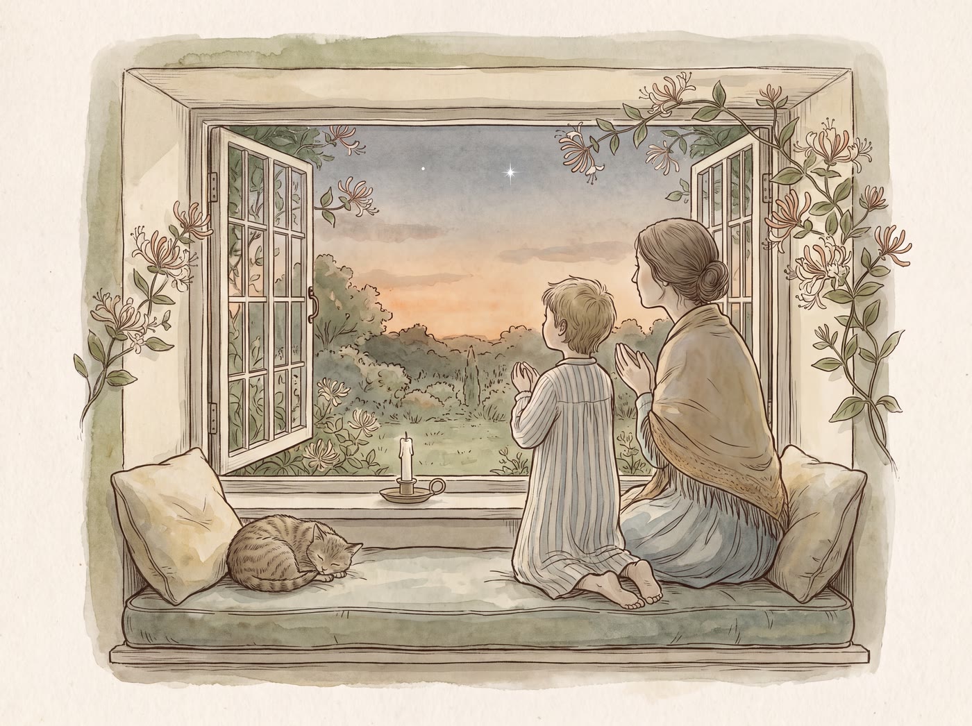 A child in a striped nightgown and a woman in a shawl kneeling at an open cottage window at dusk, hands cupped, looking up at a single bright star above the garden, with a cat asleep on the window seat