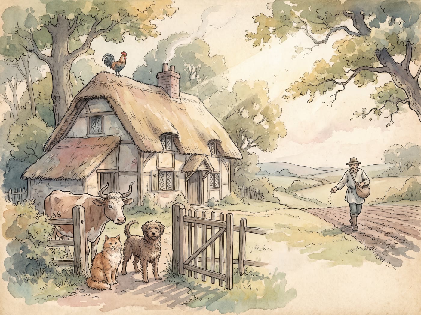 A thatched, timber-framed cottage with a cockerel on the roof; a cow, a cat and a dog wait by a wooden gate while a farmer scatters seed across a ploughed field