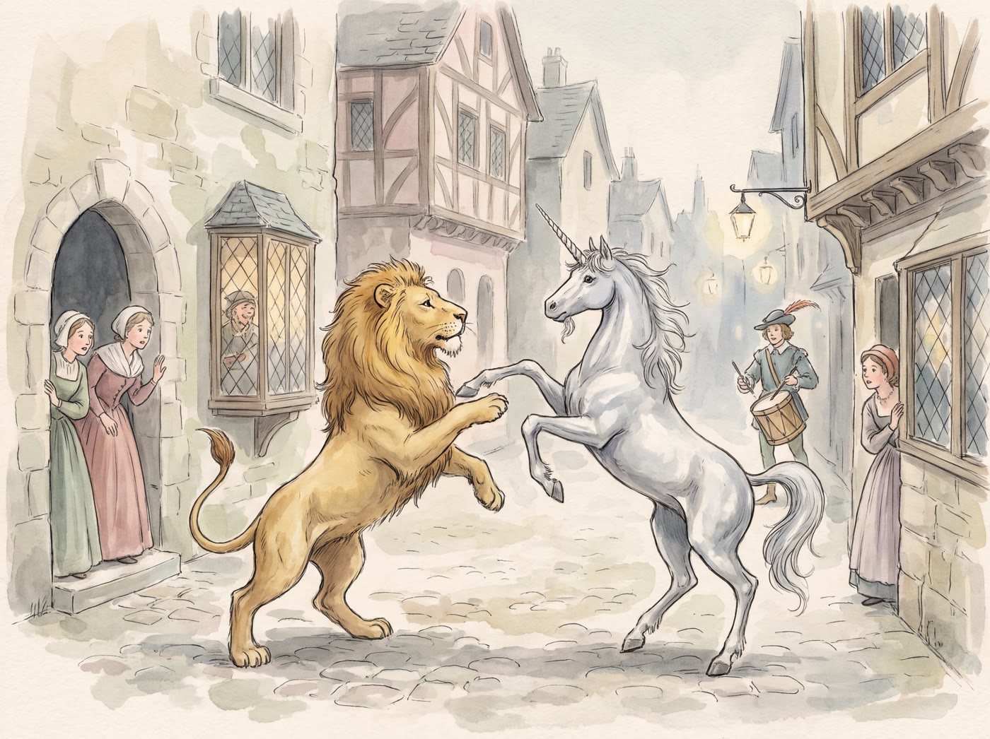 A golden lion and a white unicorn rearing up to fight on a cobbled town street while townsfolk watch from doorways and a drummer beats his drum further down the lane