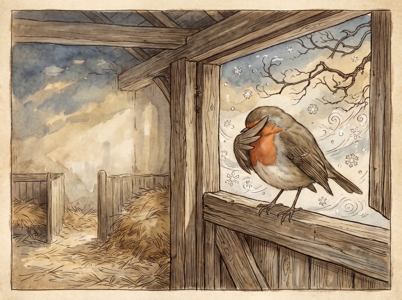 A robin on a barn doorway in a snowy wind, its head tucked under its wing