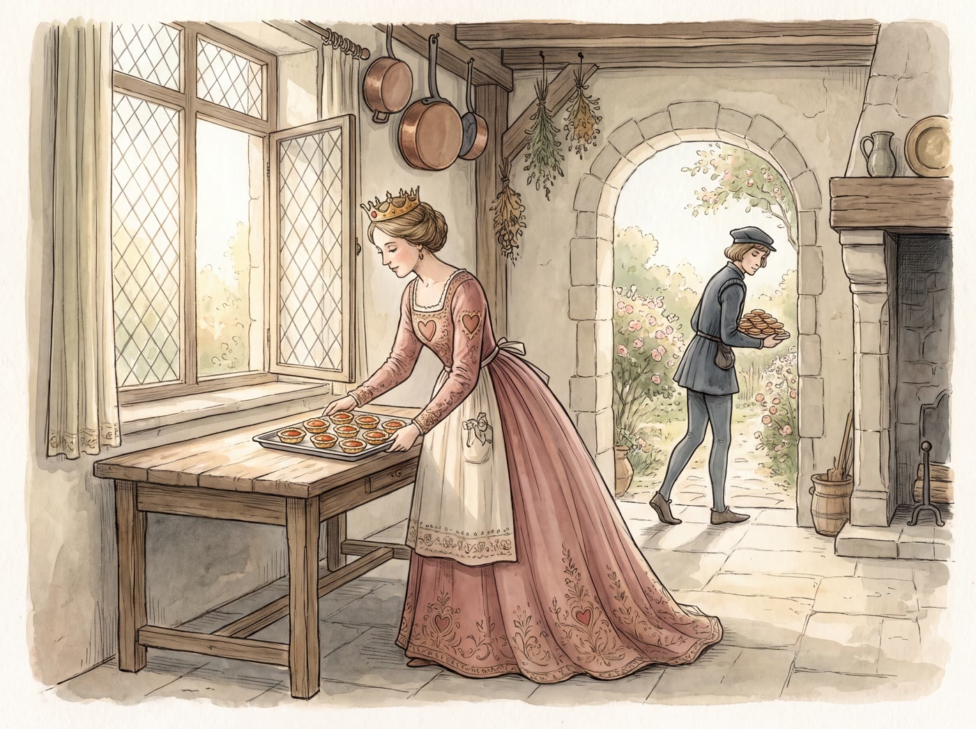 A queen in a rose-pink gown sets a tray of jam tarts on a kitchen table while a young knave slips out through a garden arch with an armful of them