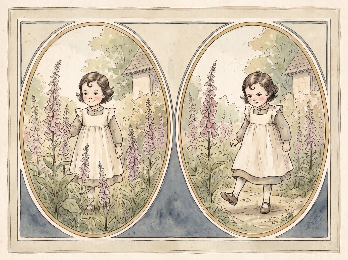 Two garden scenes among foxgloves: a small girl with a curl on her forehead smiling sweetly, and the same girl stamping past with a cross frown