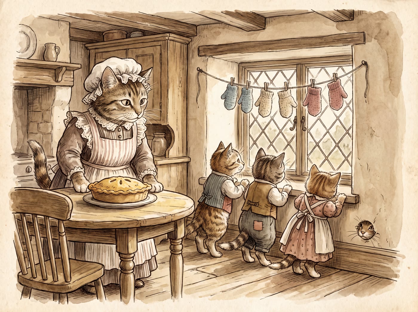 A mother cat in a lace cap and striped apron stands at a cottage kitchen table with a golden pie, while three kittens in waistcoats and a pinafore look out of a leaded window where three pairs of knitted mittens hang drying on a string, and a rat peeps from a hole in the skirting