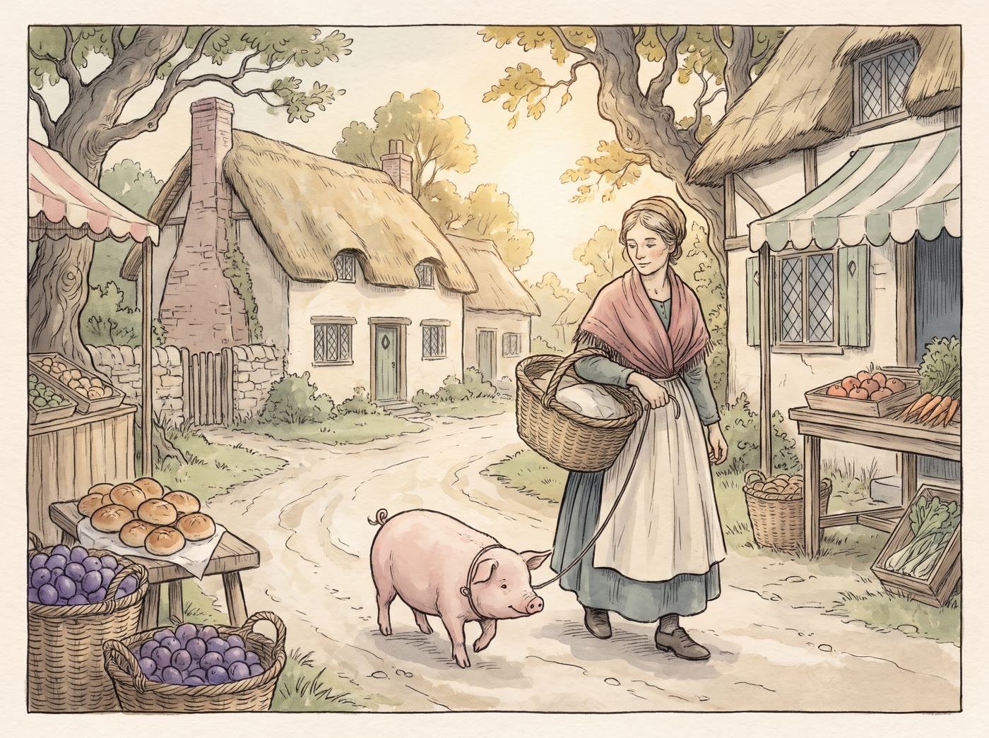 A woman in a rose-pink shawl walks home along a village lane with a basket on her arm and a plump piglet on a string, past market stalls of buns and plums