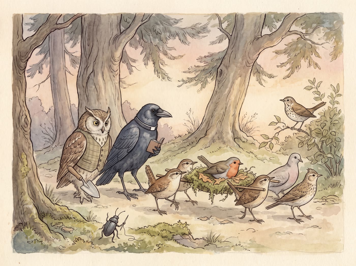 A robin laid on a bier of moss and oak leaves, carried by two wrens through a quiet wood as an owl with a trowel, a rook with a little book and a dove walk beside