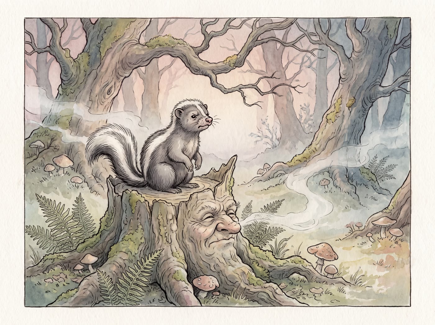 Storybook illustration for A Skunk Sat on a Stump