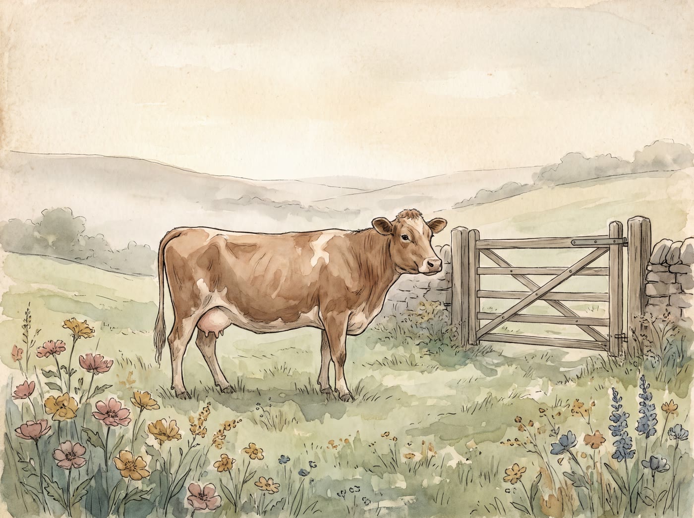 A brown cow standing in a misty green meadow beside a wooden gate and a dry-stone wall, with wildflowers in the foreground