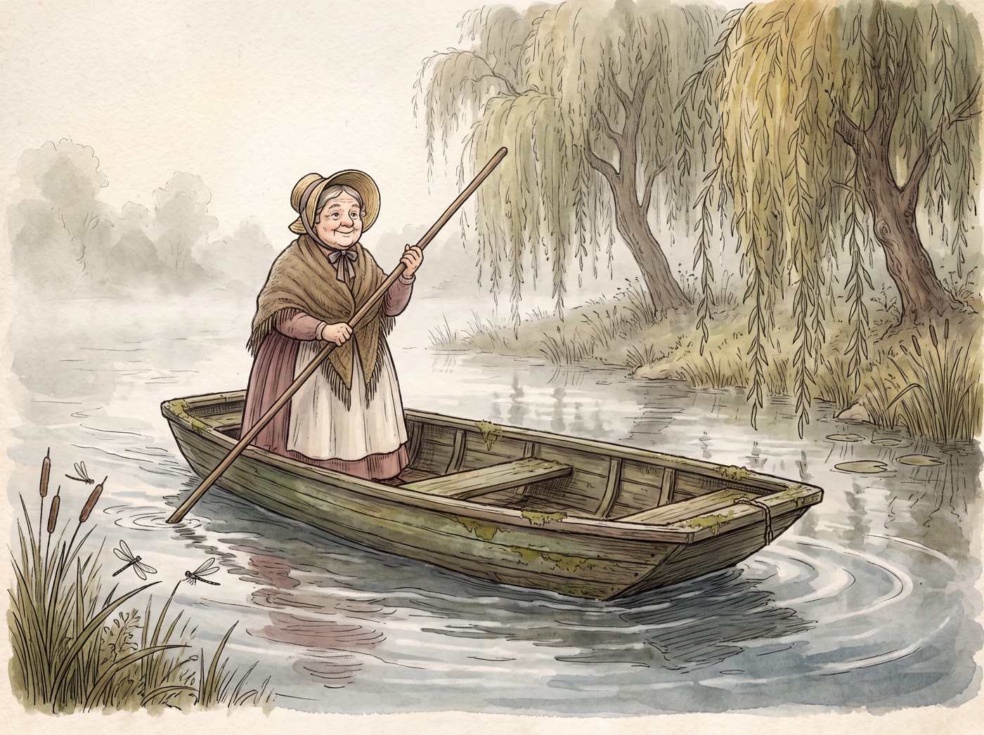 Mrs Puggy Wuggy in her bonnet and shawl, poling a square-cut punt along a misty willow-lined river