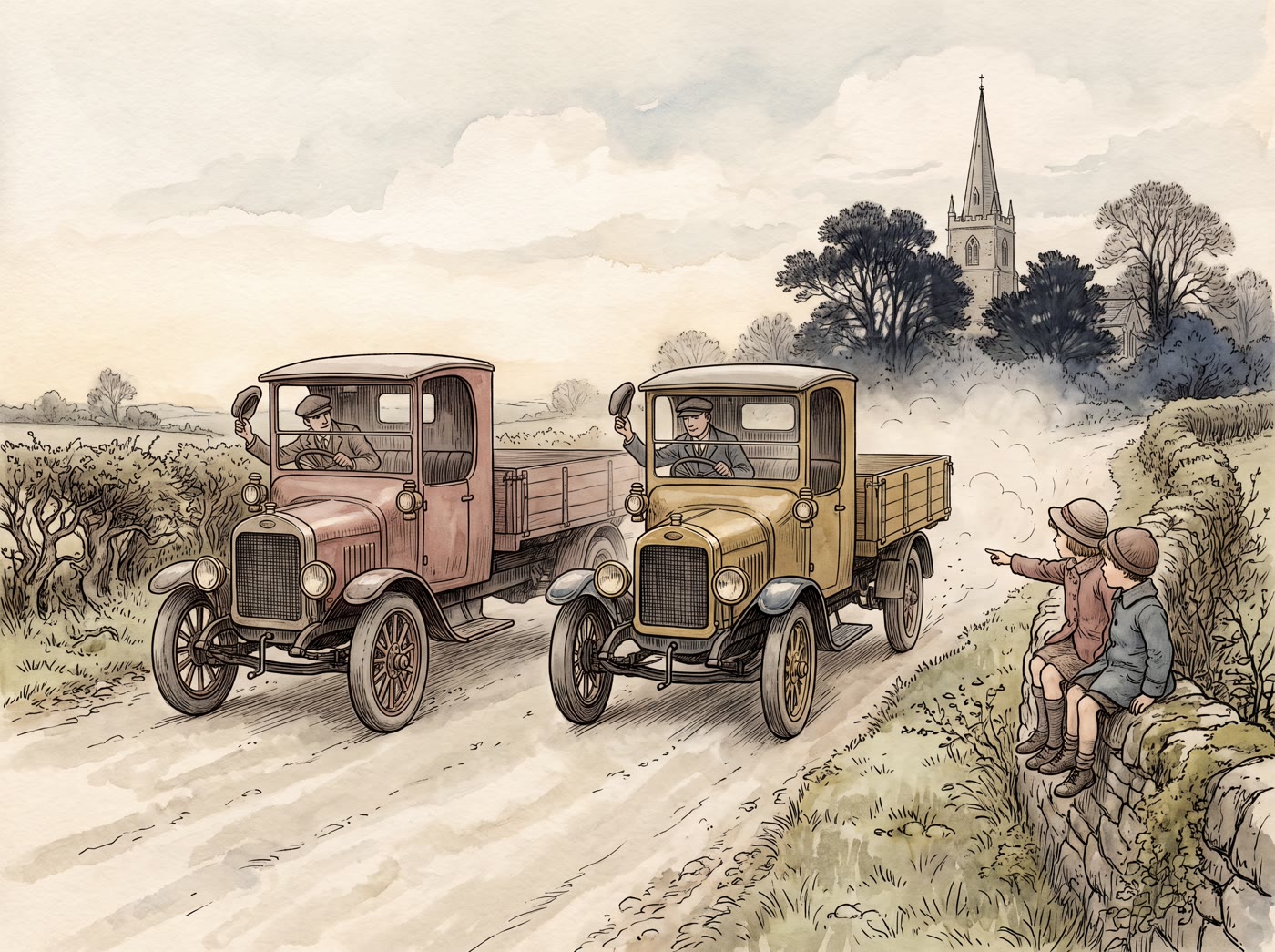 Storybook illustration for Red Lorry, Yellow Lorry