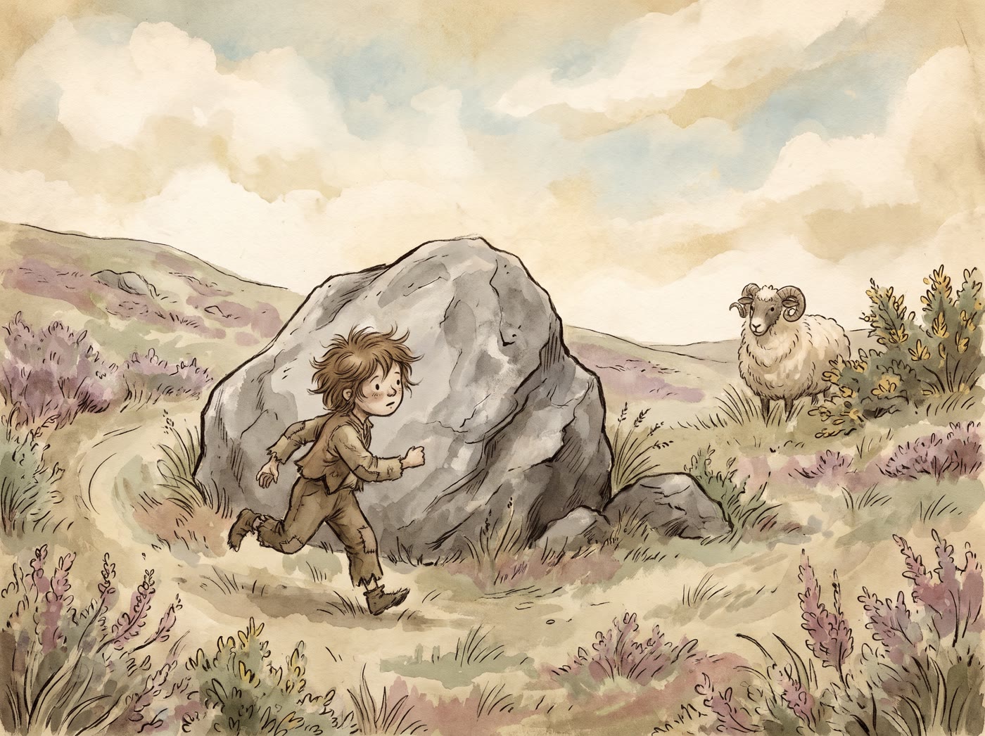 A tousle-haired, raggedly dressed boy running round a great grey boulder on a heathery hillside while a horned sheep looks on