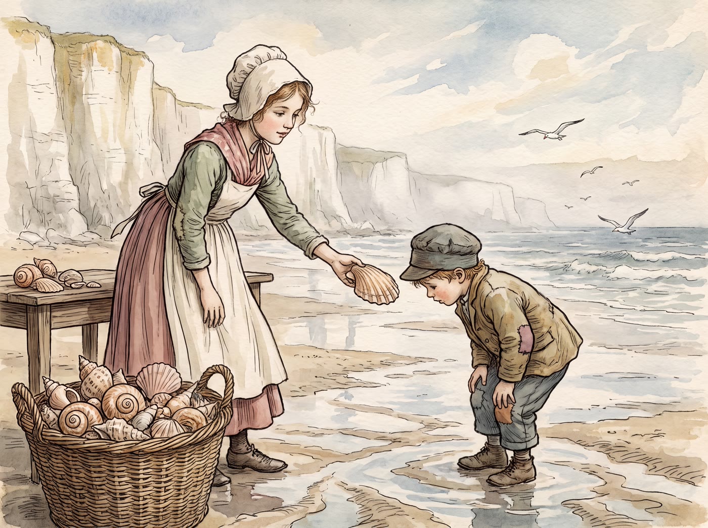 Storybook illustration for She Sells Sea Shells